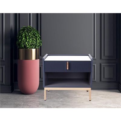 Modern White/Grey Night Stand Stone Tabletop & Gold Frame