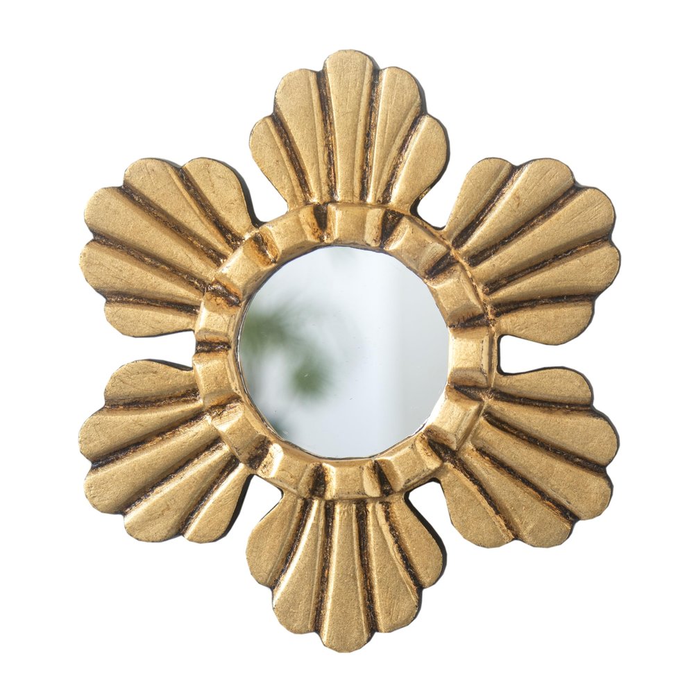 DecorContreras Peruvian Small Round Wall Mirror 6in - Hand-Carved Wood Sunburst Mirrors with Aged Gold Leaf (Gold)