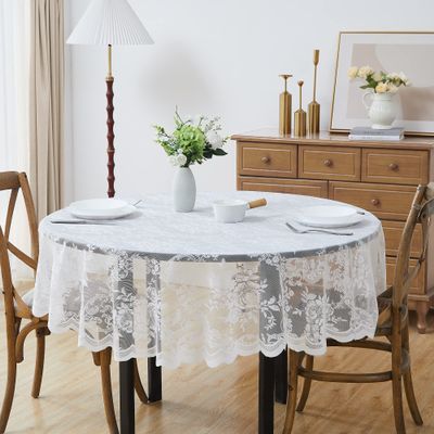 LinenZone Beautiful Round Lace Tablecloth with Elegant Scalloped Bottom for Any Special Event Such as Wedding, Birthday Party, Baby Shower, Anniversary. Sits 4 to 6 People. (Luna TC 60 Round, White)