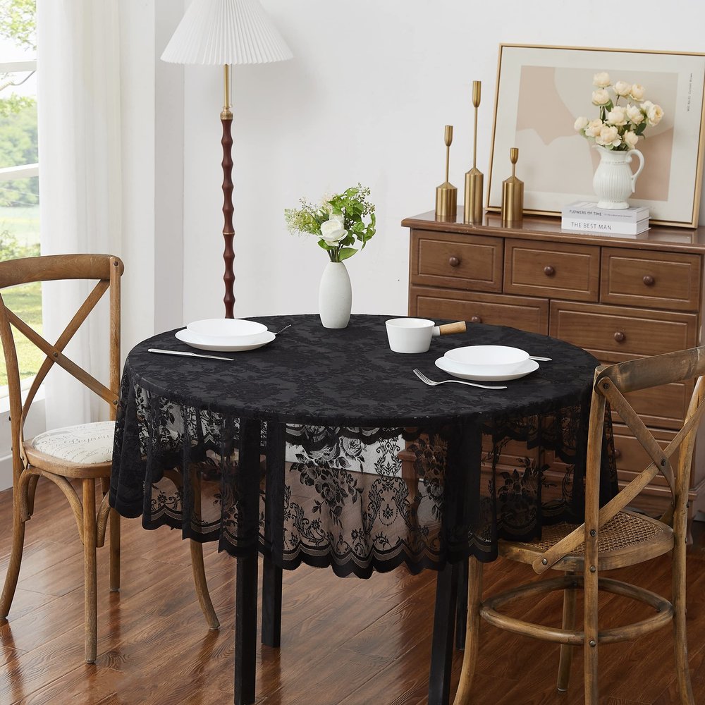 LinenZone Beautiful Round Lace Tablecloth with Elegant Scalloped Bottom for Any Special Event Such as Wedding, Birthday, Baby Shower. Sits 10 to 12 People. (Luna TC 120 Round, Black)
