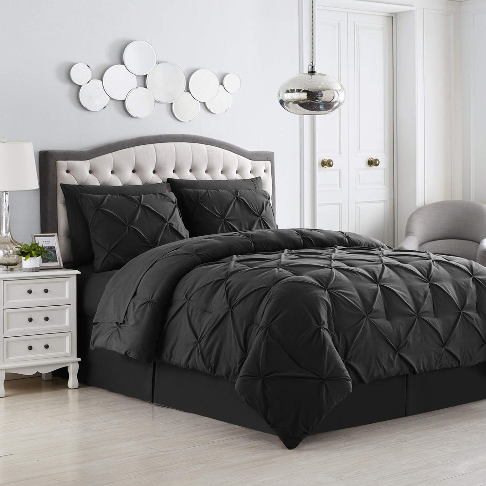 Comforter Set 8 Piece Bed in a Bag Design, Bed Sheets, 2 Pillowcases, & 2 Shams Down Alternative All Season Warmth, Queen, Pintuck Black, (Pack of 3)