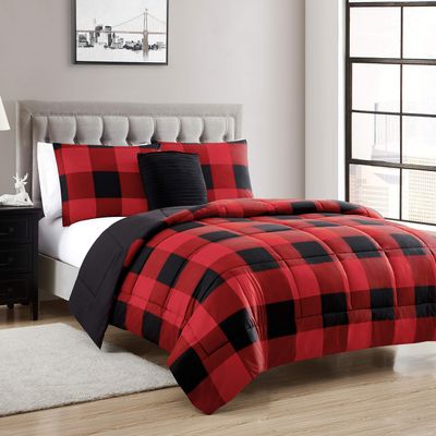 Sweet Home Collection 4 Piece Buffalo Check Plaid Design Reversible to Solid Color with 2 Shams & Throw Pillow, Full/Queen, Burgundy (Pack of 3)