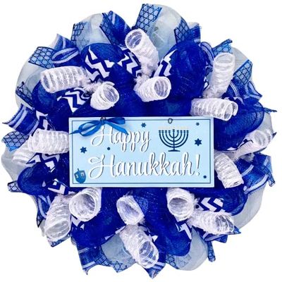 Happy Hanukkah Wreath with Menorah and Dreidel Handmade Deco Mesh. Available in 24 inch and 28 inch diameters
