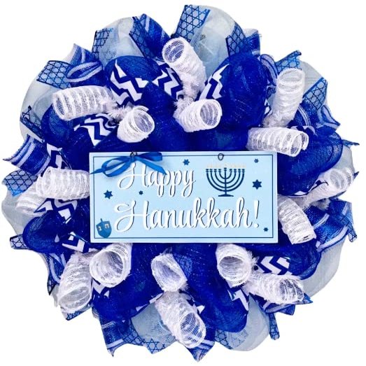 Happy Hanukkah Wreath with Menorah and Dreidel Handmade Deco Mesh. Available in 24 inch and 28 inch diameters