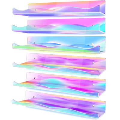 6 Packs Iridescent Clear Acrylic Floating Shelves, DILIBRA 15.7 Inch Large Set up for Funko Pop Display Case Picture Ledge Shelf, Acrylic Floating Wall Bookshelf Organizer for Kids Room Bathroom