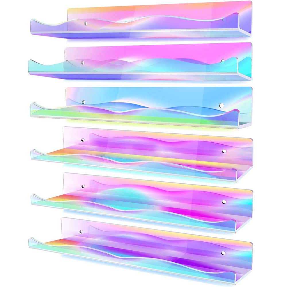 6 Packs Iridescent Clear Acrylic Floating Shelves, DILIBRA 15.7 Inch Large Set up for Funko Pop Display Case Picture Ledge Shelf, Acrylic Floating Wall Bookshelf Organizer for Kids Room Bathroom