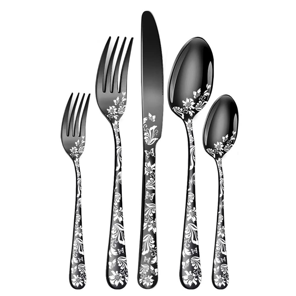 Black Silverware Set, Black Flatware Set Food-Grade Stainless Steel Cutlery Set for 6, IKXO 30 Pieces Tableware Eating Utensils for Home and Restaurant Wedding Halloween Christmas