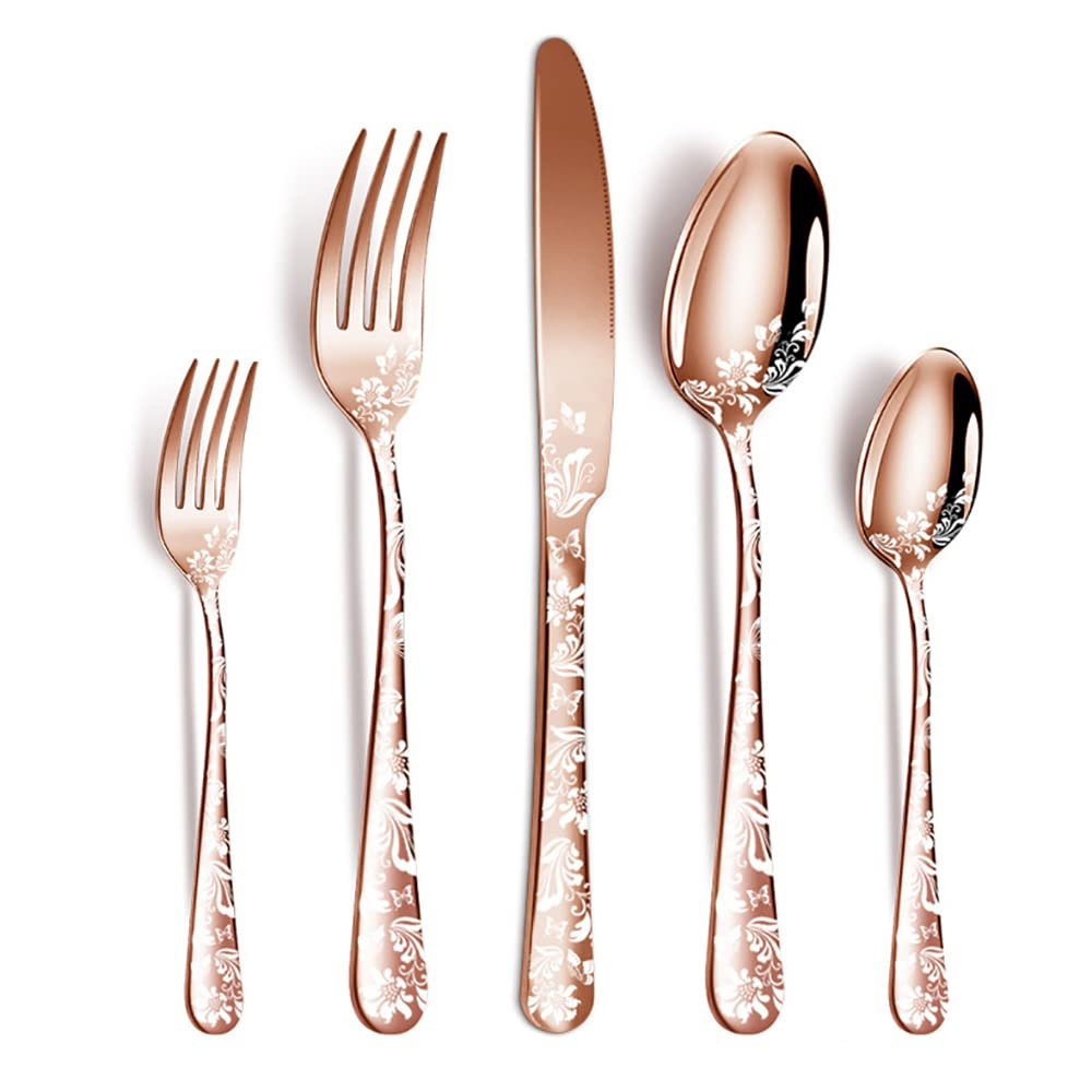 IKXO 30 Pieces Rose Gold Silverware Set, Rose Gold Flatware Set Food-Grade Stainless Steel Cutlery Set for 6, Tableware Eating Utensils for Home and Restaurant Wedding Halloween Christmas