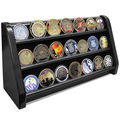 ASmileIndeep 3 Rows Military Challenge Coin Display Case Wall Mount Wooden Army Coin Holder Stand Rack, Holds 21-24 Coins, Black