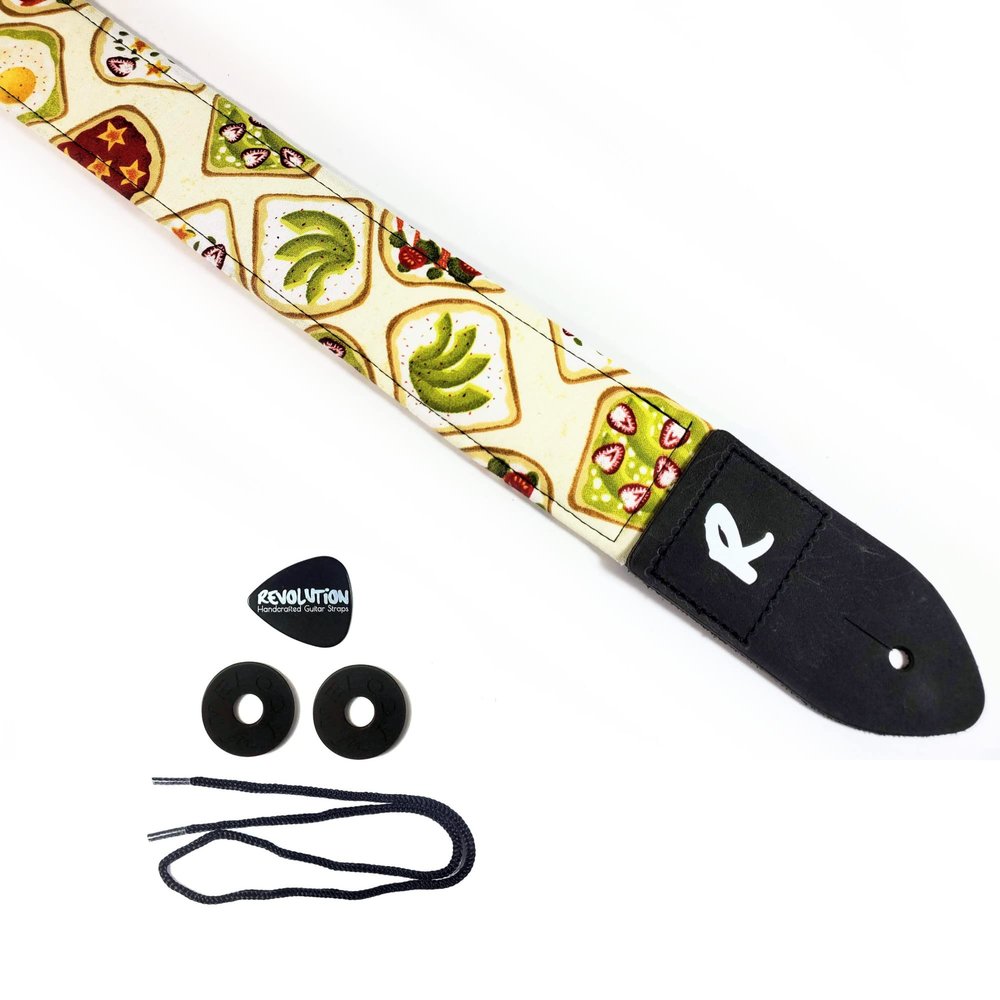 Avocado Toast Guitar Strap, Food, Genuine Leather Ends, Includes 2 Strap Locks & 1 Pick. Adjustable Strap, Pick Pocket, For Bass, Electric & Acoustic Guitars Gift for Guitar Players Men, Women & Kid