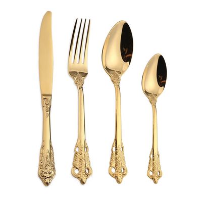 Gold Palace Silverware Set 24 Piece Durable 18/10 Stainless Steel Flatware Set With Relief Decoration Service for 6 Hotel Restaurant Kitchen Cutlery Utensil Forks Spoons Knifes Set Silverware Sets
