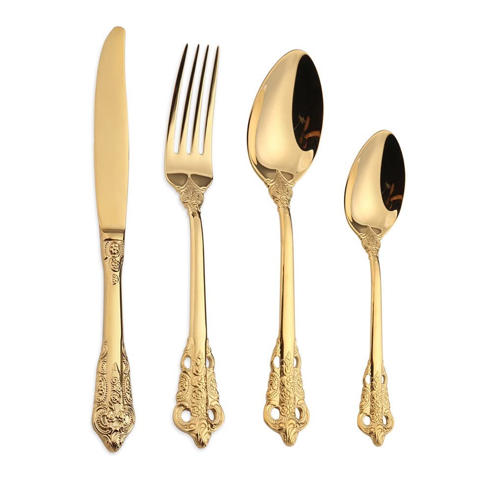 Gold Palace Silverware Set 24 Piece Durable 18/10 Stainless Steel Flatware Set With Relief Decoration Service for 6 Hotel Restaurant Kitchen Cutlery Utensil Forks Spoons Knifes Set Silverware Sets