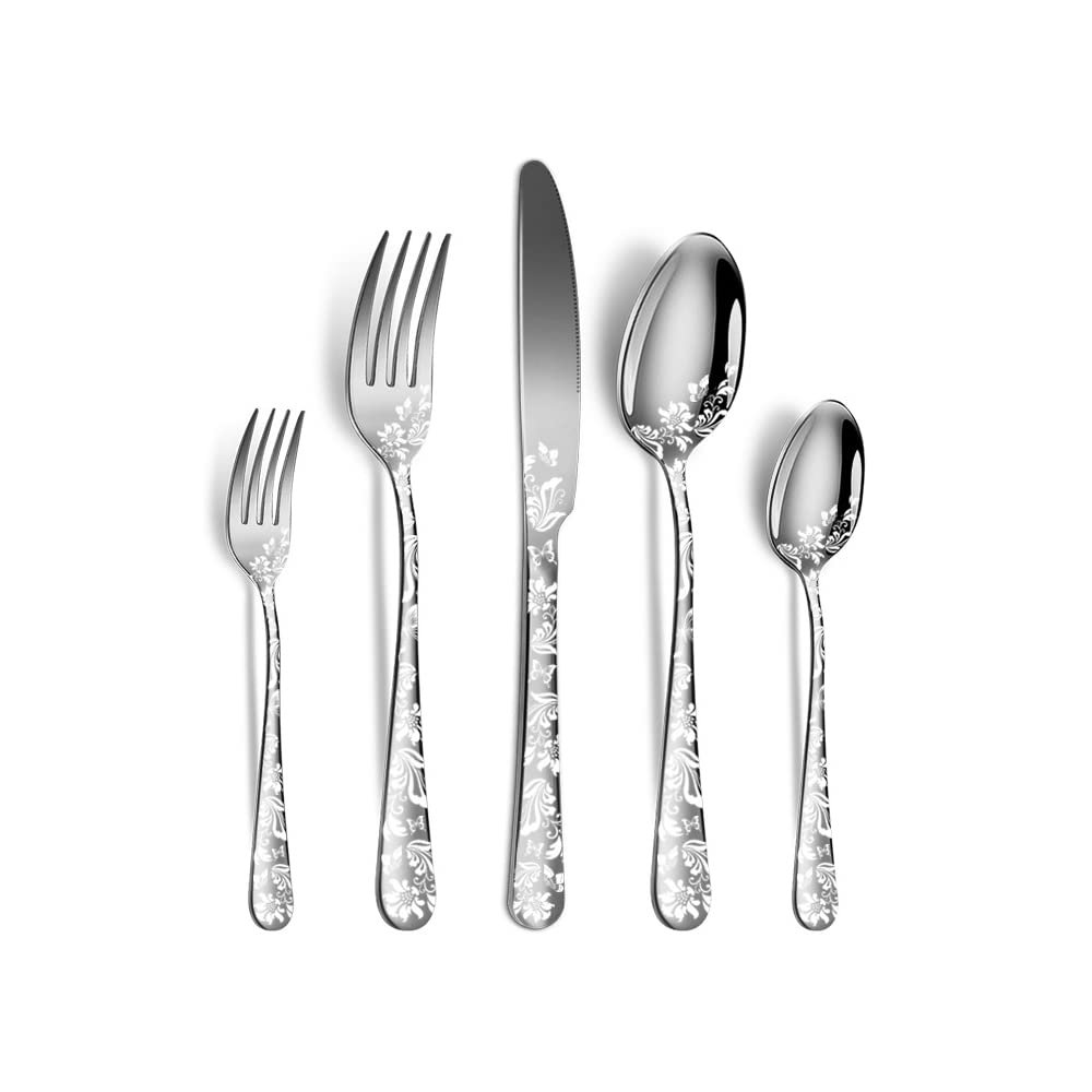 20 Piece Silver Flatware Set for 4 Stainless Steel Silverware Sets With Delicate Pattern Kitchen Restaurant Hotel Mirror Polished Include Fork Spoon Knife Teaspoon Tea Fork Floral Cutlery Set