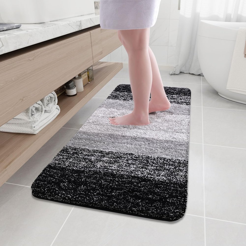 Arotive Microfiber Bathroom Rugs, Shaggy Soft and Absorbent Bath Rug, Non-Slip, Thick Plush Machine Washable Dry Bath Mats for Bathroom, Tub and Shower, 47x17, Black, Rectangular