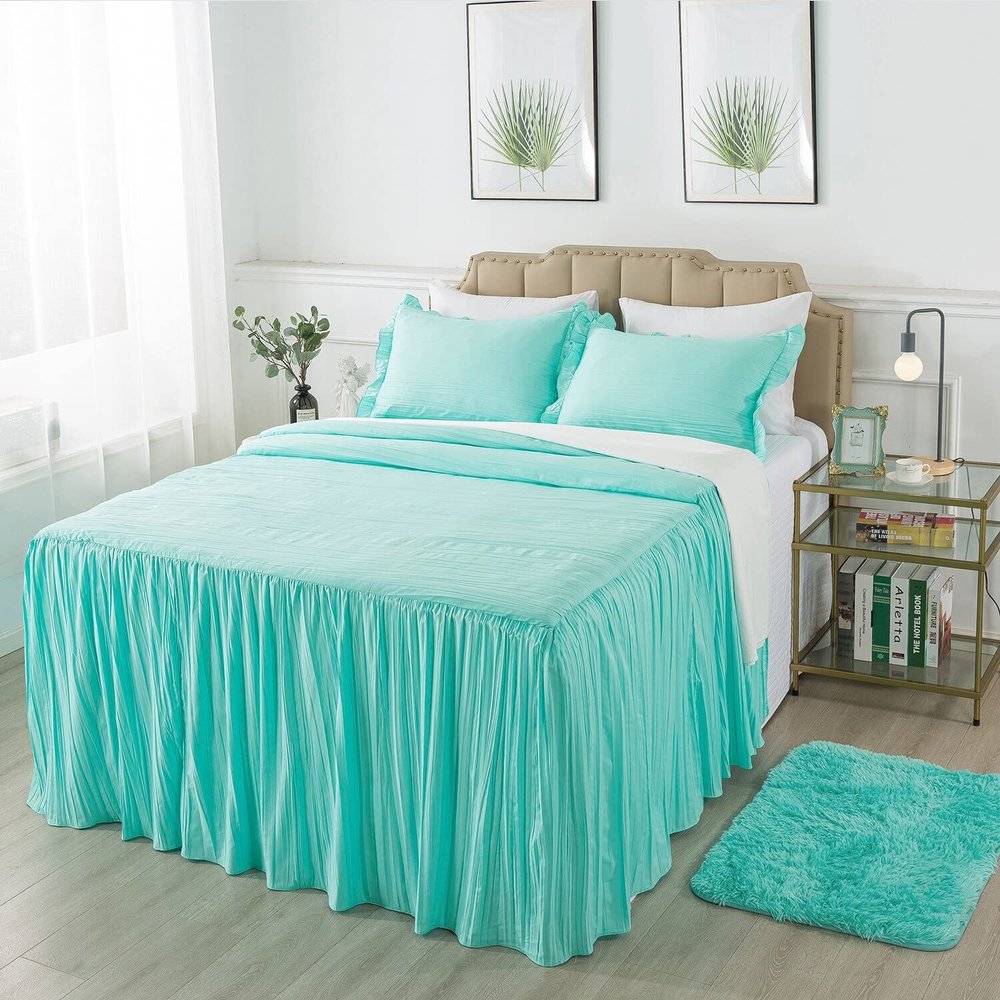 Devi Bedding 100% Egyptian Cotton 600-TC- Ruffle Skirt Bedspread Shabby Chic Farmhouse Style 3 Piece Set, Twin XL 30" Drop - Aqua Solid