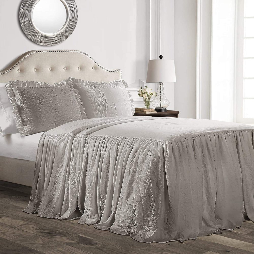 Devi Bedding > 100% Egyptian Cotton 600-TC- Ruffle Skirt Bedspread Shabby Chic Farmhouse Style 3 Piece Set, Cal-King 30" Drop - Silver Solid