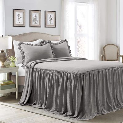 Devi Bedding > 100% Egyptian Cotton 600-TC- Ruffle Skirt Bedspread Shabby Chic Farmhouse Style 3 Piece Set, Full 30" Drop - Gray Solid