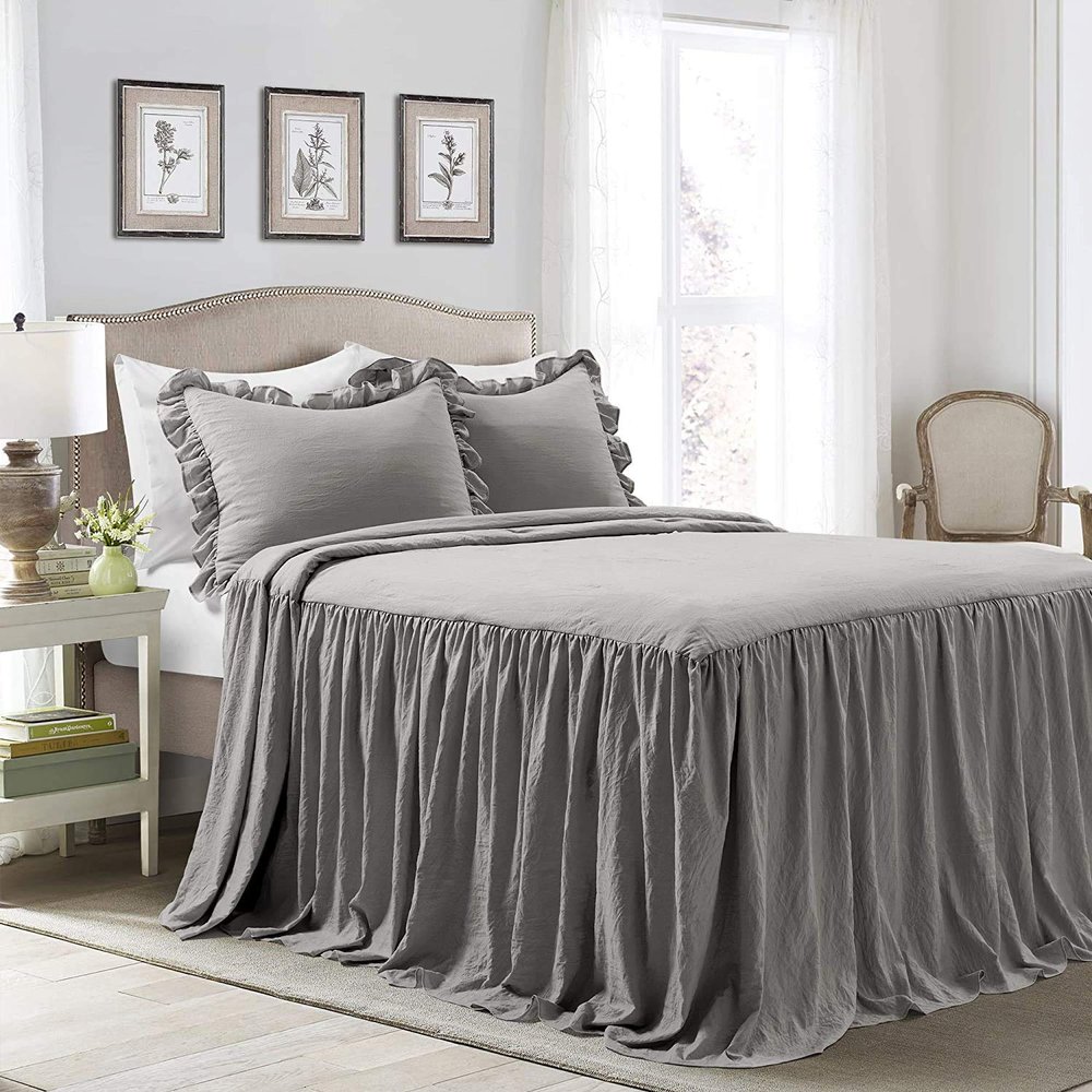Devi Bedding 100% Egyptian Cotton 600-TC- Ruffle Skirt Bedspread Shabby Chic Farmhouse Style 3 Piece Set, Twin XL 30" Drop - Gray Solid