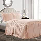 Devi Bedding > 100% Egyptian Cotton 600-TC- Ruffle Skirt Bedspread Shabby Chic Farmhouse Style 3 Piece Set, Cal-King 30" Drop - Pink Solid