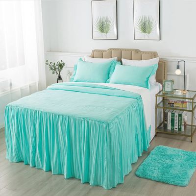 Devi Bedding 100% Egyptian Cotton 600-TC- Ruffle Skirt Bedspread Shabby Chic Farmhouse Style 3 Piece Set, Full XL 30" Drop - Aqua Solid