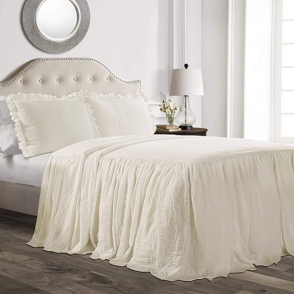 Devi Bedding 100% Egyptian Cotton 600-TC- Ruffle Skirt Bedspread Shabby Chic Farmhouse Style 3 Piece Set, Twin XL 30" Drop - Ivory Solid