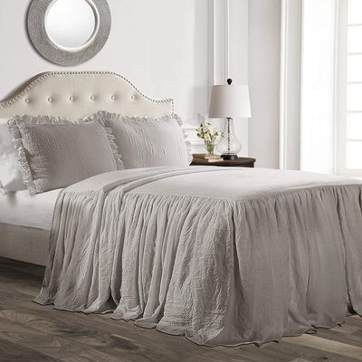 Devi Bedding 100% Egyptian Cotton 600-TC- Ruffle Skirt Bedspread Shabby Chic Farmhouse Style 3 Piece Set, Full 30" Drop - Silver Solid