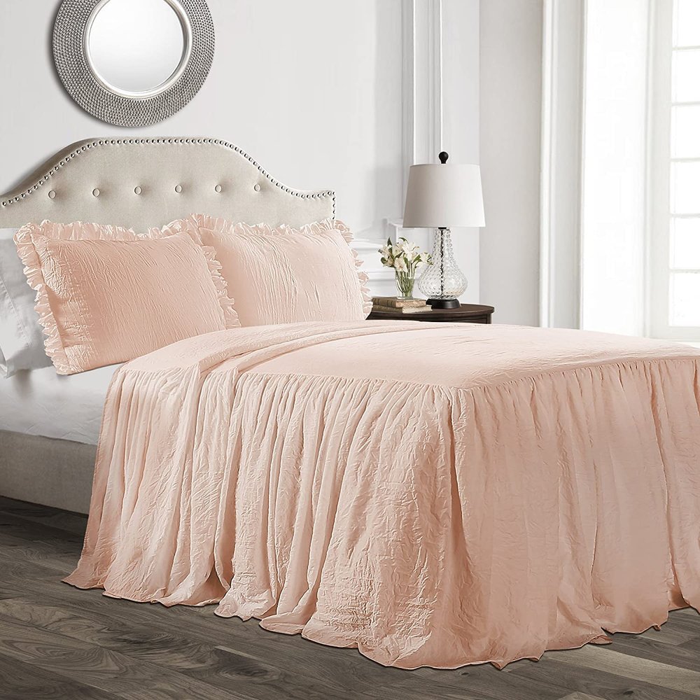 Devi Bedding > 100% Egyptian Cotton 600-TC- Ruffle Skirt Bedspread Shabby Chic Farmhouse Style 3 Piece Set, Twin XL 30" Drop - Peach Solid
