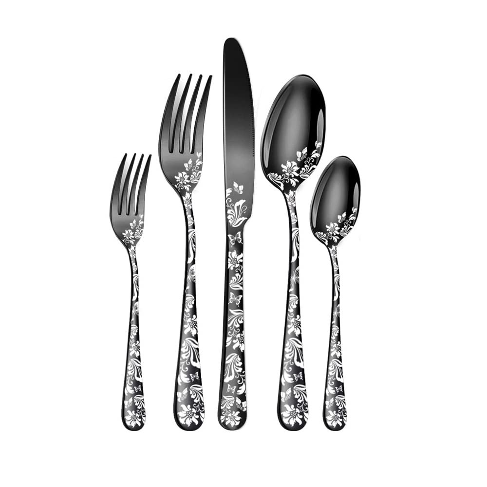 20 Piece Black Flatware Set for 4 Stainless Steel Silverware Sets With Delicate Pattern Kitchen Restaurant Hotel Mirror Polished Include Fork Spoon Knife Teaspoon Tea Fork Floral Cutlery Set