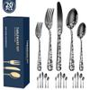 20 Piece Black Flatware Set for 4 Stainless Steel Silverware Sets With Delicate Pattern Kitchen Restaurant Hotel Mirror Polished Include Fork Spoon Knife Teaspoon Tea Fork Floral Cutlery Set view 2