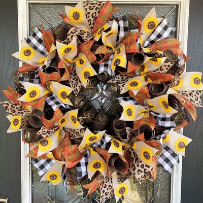 Beautiful Fall Thanksgiving Sunflower Buffalo Plaid Animal Print Deco Mesh Front Door Wreath, Door Hanger, Country Home, Farmhouse Decoration, Porch Sign