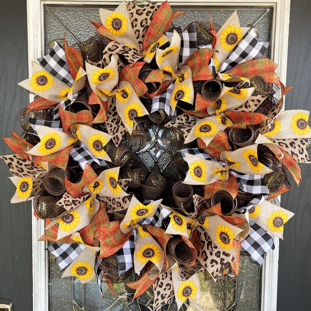 Beautiful Fall Thanksgiving Sunflower Buffalo Plaid Animal Print Deco Mesh Front Door Wreath, Door Hanger, Country Home, Farmhouse Decoration, Porch Sign