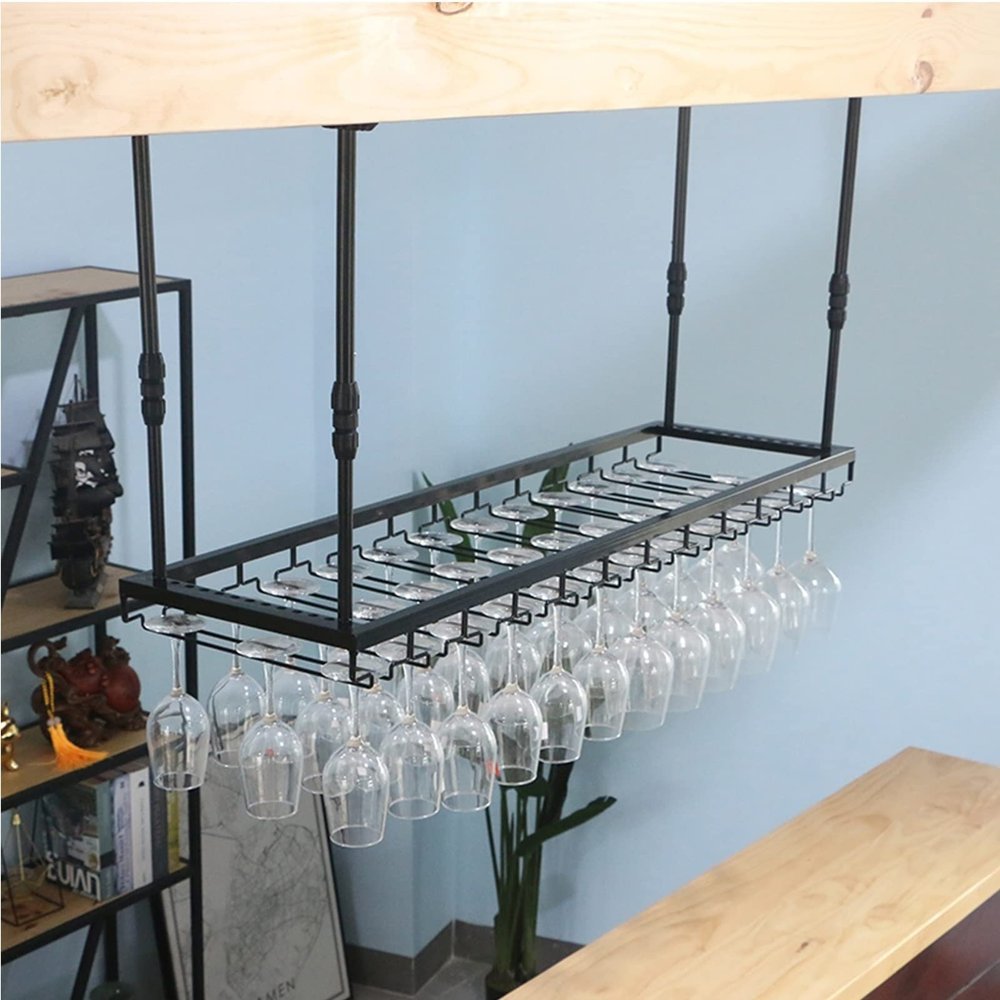 Ceiling Wine Rack and Wine Glass Holder, Metal Wine Rack with Glass Holder, Adjustable Hanging Wine Bottle Holder for Bars Kitchens Restaurants, Black (Size : 120x35cm)