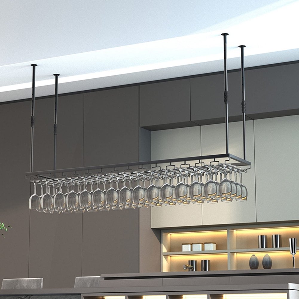 Ceiling Wine Rack and Wine Glass Holder, Hanging Wine Bottle Racks for Bars Kitchens, Under Cabinet Stemware Glass Shelf, Black Adjustable Storage Shelving (Size : 120x35cm)