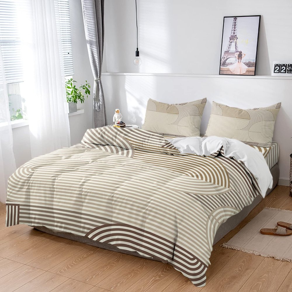 4 Piece California King Duvet Cover Set Minimalist Curve Lines Striped Breathable Comforter Covers Ultra Soft Bed Sheet with 2 Pillow Shams Bedding Collection Sets Retro Boho Modern Stripe Art