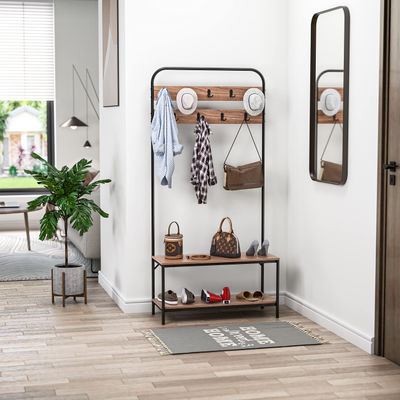 Hall Tree with E Bench in Walnut Color and Black Metal Frame-32" X12"x67" 31.5 * 12 * 67 Inches Brown Abstract Industrial Modern Contemporary Pattern MDF Natural Finish