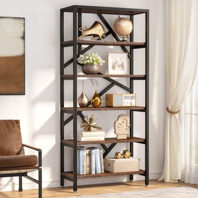 71 Inch Industrial Bookshelf 6 Shelf Bookcasefree Standing Open Book Shelves Storage Display Black Brown Vintage Metal Wood Finish