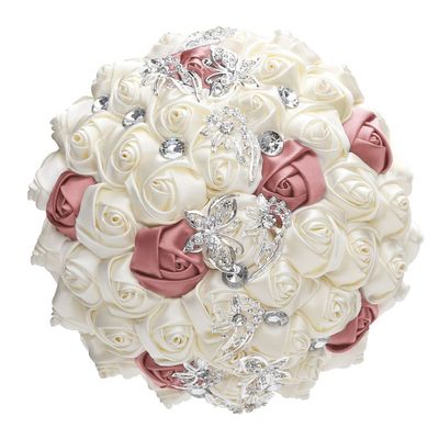 9.4" Handmade Satin Rose Bridal Bouquet Toss Round Wedding Bouquet Throw Toss Artificial Flower Bunch Ivory + Shimmering Blush Pink