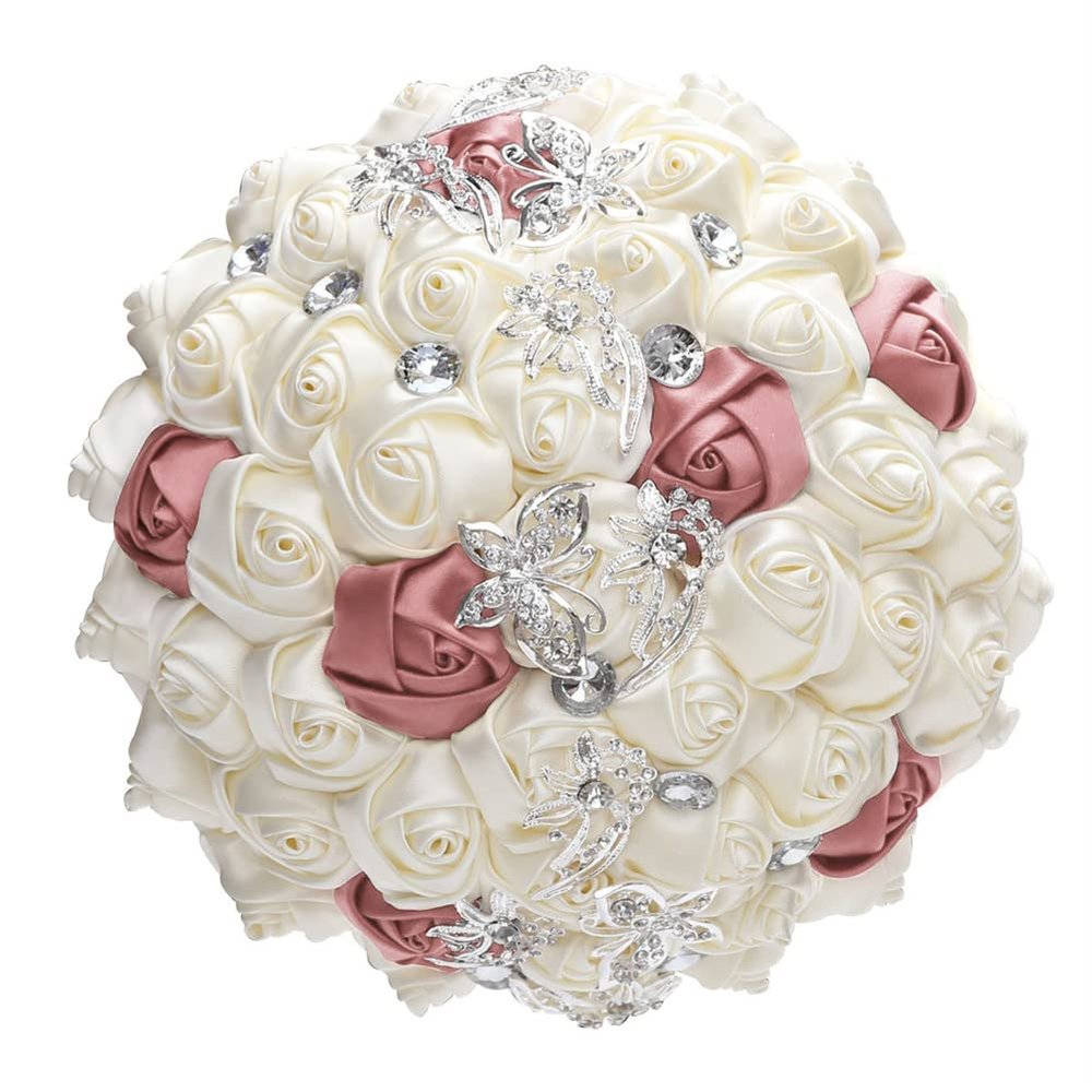 9.4" Handmade Satin Rose Bridal Bouquet Toss Round Wedding Bouquet Throw Toss Artificial Flower Bunch Ivory + Shimmering Blush Pink