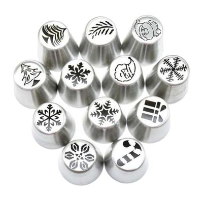 figatia 12 Pieces Christmas Pastry Russian Icing Piping Nozzle Tips Set Christmas Cake Icing Frosting Nozzle for Cupcake Dessert Cream Decorating Baking Tools