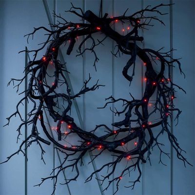 Halloween Wreath with Lights, Black Bat Wreath for Front Door, Halloween Lighted Wreath Outdoor Halloween Decorations, Spooky Glitter Wreath for Home Party Props Halloween Decor (B)