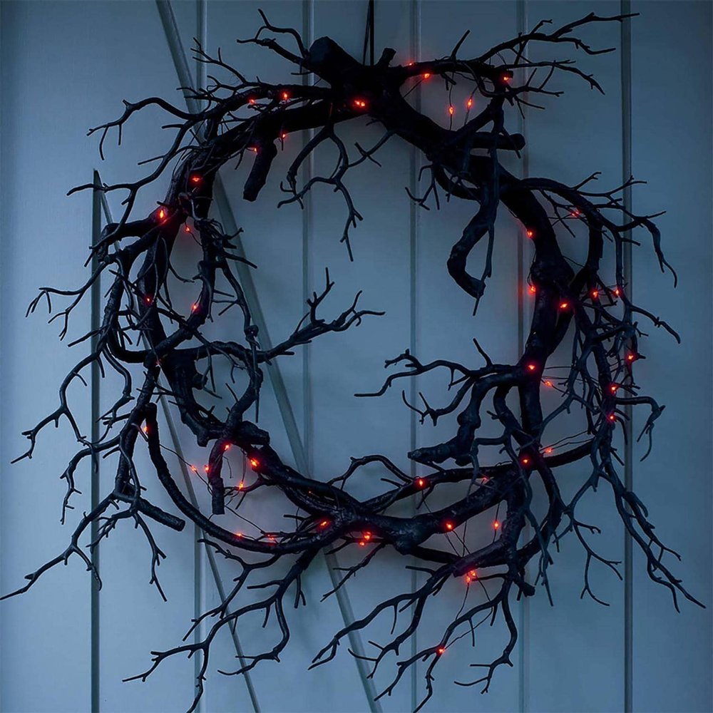 Halloween Wreath with Lights, Black Bat Wreath for Front Door, Halloween Lighted Wreath Outdoor Halloween Decorations, Spooky Glitter Wreath for Home Party Props Halloween Decor (B)