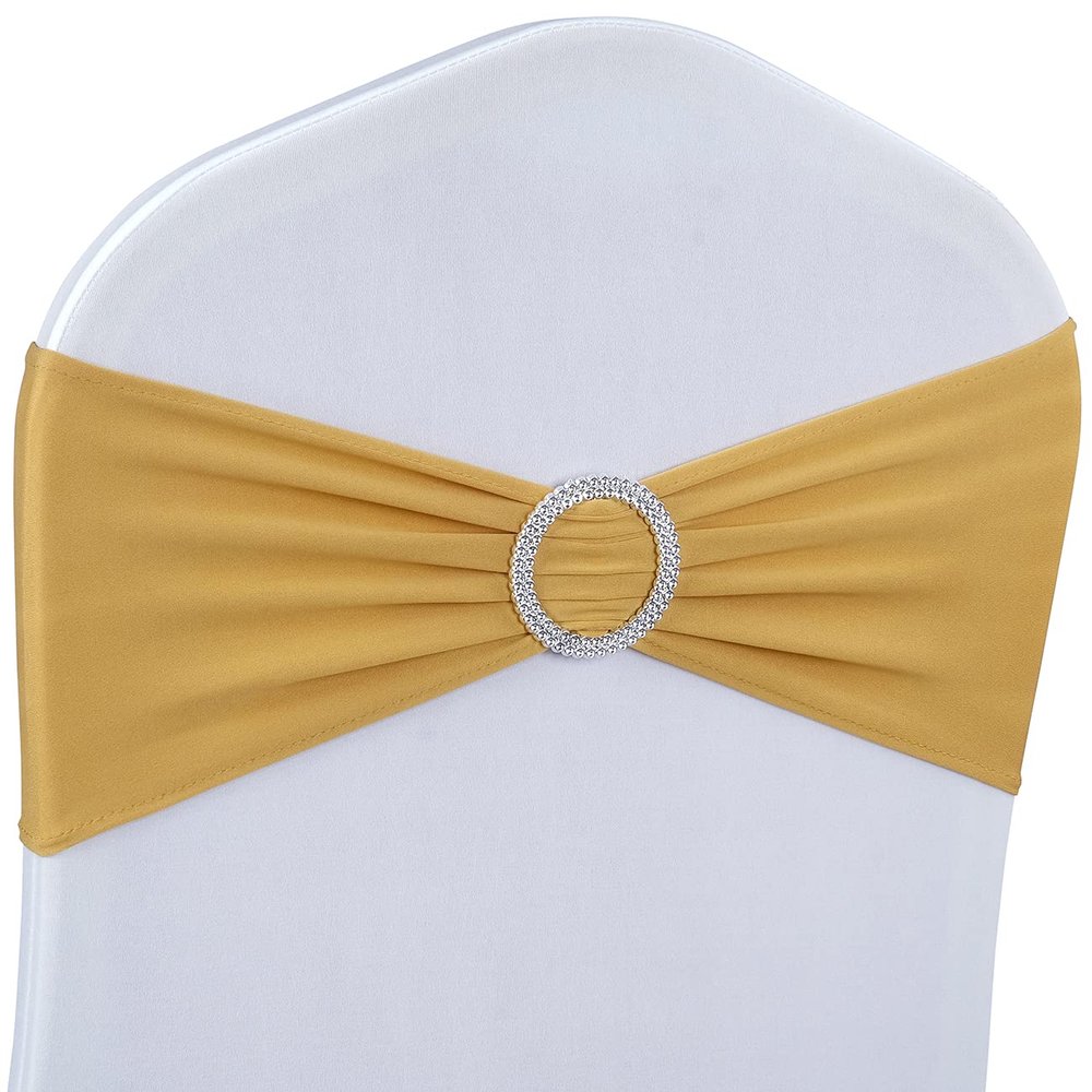 Spandex Chair Sashes Bows - Babenest 100PCS Premium Stretch Chair Cover Band with Buckle Slider Universal Elastic Chair Ties for Wedding Easter Party Ceremony Reception Banquet Decoration (Gold)
