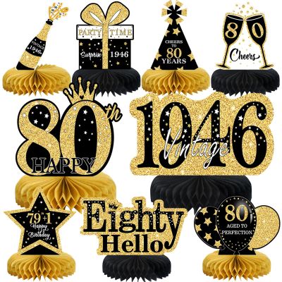 9Pcs 80th Birthday Decorations Honeycomb Centerpieces for Men Women, Black Gold Happy 80th Birthday Centerpieces Tables Toppers Party Decorations Supplies,Vintage 1946 Aged Table Sign Decor