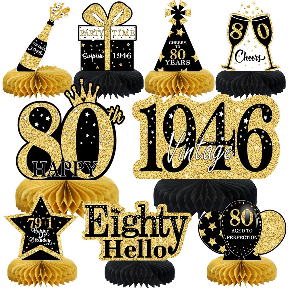 9Pcs 80th Birthday Decorations Honeycomb Centerpieces for Men Women, Black Gold Happy 80th Birthday Centerpieces Tables Toppers Party Decorations Supplies,Vintage 1946 Aged Table Sign Decor