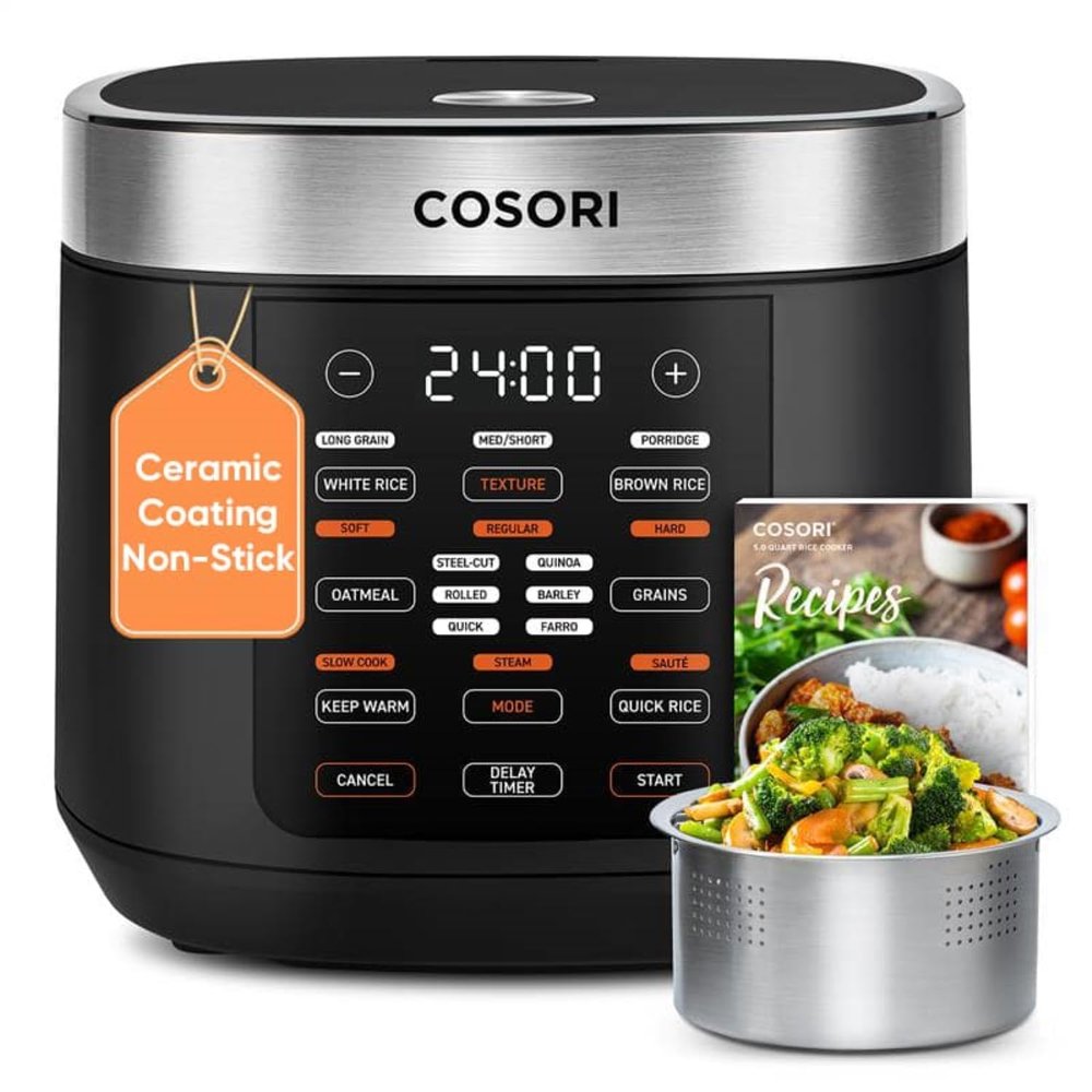 COSORI Rice Cooker 10 Cup, 24h Keep Warm, Non-stick Ceramic Inner Pot, 18 Functions Fuzzy Logic Rice Maker with Stainless Steel Steamer Basket, Saut, Slow Cooker, Black