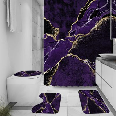 4 Pcs Purple Marble Shower Curtain Sets, Gold Cracked Lines Black Bathroom Decor, Rug Toilet Lid Cover and Non-Slip U Shape Mat, Abstract Modern Luxury Waterproof Shower Curtain with 12 Hooks, 72 x 72