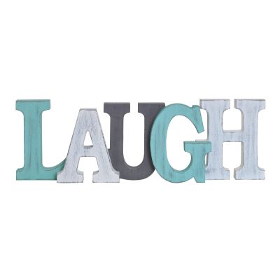 Morning View Wooden Laugh Sign Decorative Hanging Word Signs Table Top Cutout Block Letters Standing Laugh Letter Sign Wall Decor for Living Room Home Decor Shelf Mantel (Aqua)