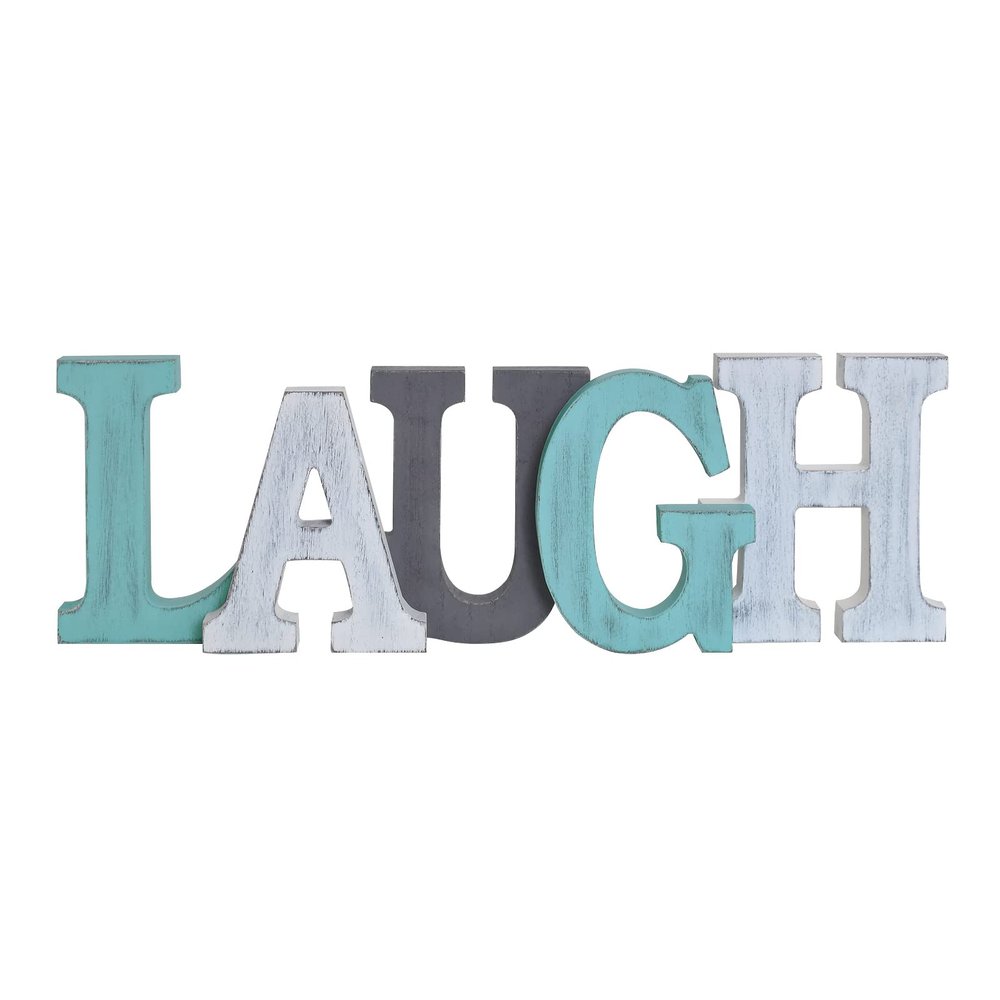 Morning View Wooden Laugh Sign Decorative Hanging Word Signs Table Top Cutout Block Letters Standing Laugh Letter Sign Wall Decor for Living Room Home Decor Shelf Mantel (Aqua)