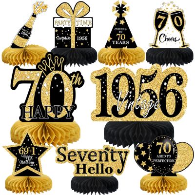 9Pcs 70th Birthday Decorations Honeycomb Centerpieces for Men Women, Black Gold Happy 70th Birthday Centerpieces Tables Toppers Party Decorations Supplies,Vintage 1956 Aged Table Sign Decor