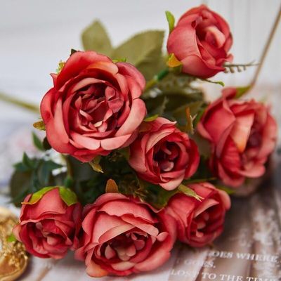 HXSCOO Vintage 8 Heads Artificial Flowers Silks Peony Green Rose for Decorations Fake Fower Wedding Table Room Party DIY Bouquet Decor (Color : Vintage Rose-2)